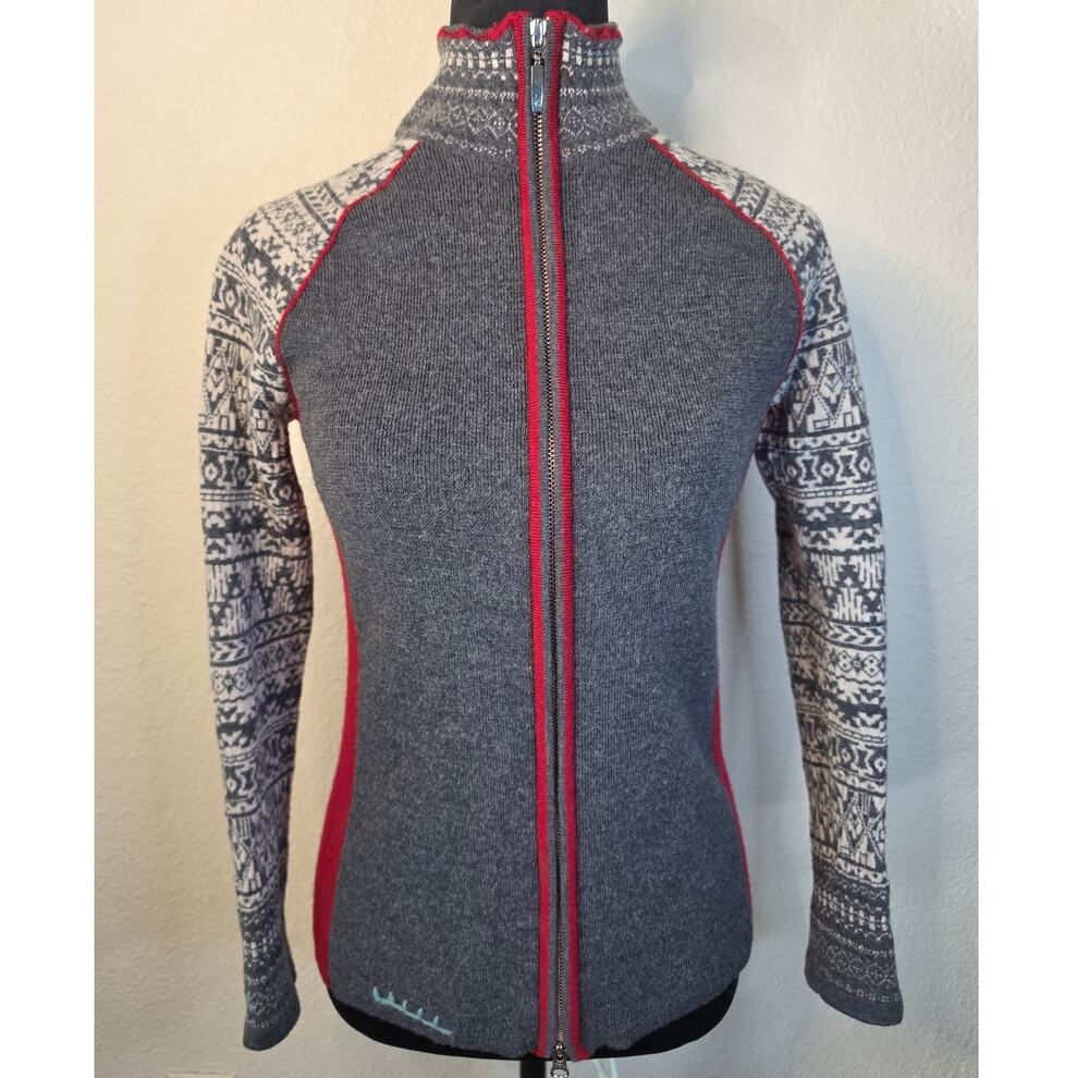 Eddie Bauer Merino Wool Full-zip Sweater Patterned Nordic Sleeves Red Zip Trim